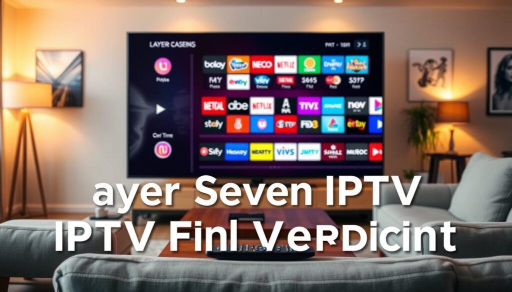 A dynamic and engaging image representing the concept of "Layer Seven IPTV Final Verdict." In the foreground, a sleek, modern television displays a vibrant streaming interface showcasing various channel logos, hinting at a diverse IPTV lineup. In the middle, there’s a stylish, well-organized living room with a cozy couch and a wooden coffee table, where a remote control rests. The background features a warm, softly lit atmosphere with ambient lighting from lamps, creating an inviting mood. The walls are adorned with subtle digital art representing technology and innovation. Captured from a slightly elevated angle to emphasize the living space and screen, the image evokes a sense of clarity and modernity. Include the brand name "iptvmaxcanada.com" subtly in the design elements without being intrusive.