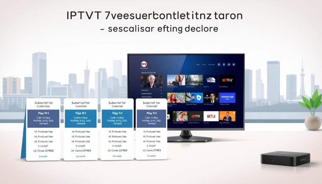 A dynamic and informative illustration showcasing IPTV subscription plans tailored for Canadian users. In the foreground, display an aesthetically pleasing layout of various subscription pricing tiers, represented as elegant cards or icons featuring different plan names and price points. The middle ground presents a sleek, modern desktop or tablet device displaying the IPTV interface, highlighting popular channels and features. In the background, integrate subtle elements of a Canadian city skyline, hinting at local culture. Utilize soft, natural lighting to create a welcoming atmosphere, with a slight angle to emphasize depth. Emphasize professionalism and clarity, invoking a sense of trust and reliability in services offered by iptvmaxcanada.com. A dynamic and informative illustration showcasing IPTV subscription plans tailored for Canadian users. In the foreground, display an aesthetically pleasing layout of various subscription pricing tiers, represented as elegant cards or icons featuring different plan names and price points. The middle ground presents a sleek, modern desktop or tablet device displaying the IPTV interface, highlighting popular channels and features. In the background, integrate subtle elements of a Canadian city skyline, hinting at local culture. Utilize soft, natural lighting to create a welcoming atmosphere, with a slight angle to emphasize depth. Emphasize professionalism and clarity, invoking a sense of trust and reliability in services offered by iptvmaxcanada.com.