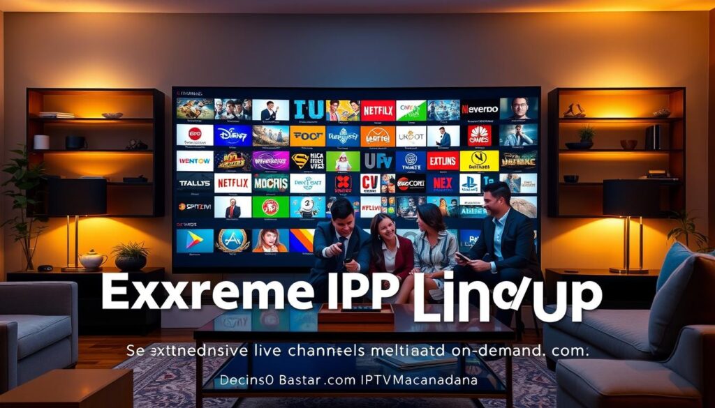 A dynamic and visually engaging scene showcasing the "Extreme IPTV Channel Lineup." In the foreground, a sleek modern television displays vibrant, colorful thumbnails of diverse channels, including sports, movies, and documentaries. Surround the TV with a cozy living room setting, featuring a stylish coffee table and plush seating. In the middle ground, a family of four is seated, dressed in professional business attire, excitedly interacting with the TV remote, showcasing the user-friendly interface of the IPTV service. The background features soft, ambient lighting, creating a warm atmosphere highlighting the family’s enjoyment of extensive live channels and on-demand content. The overall mood is inviting and engaging, reflecting a sense of togetherness and entertainment. Include elements that represent iptvmaxcanada.com, subtly integrated into the decor, enhancing the modern tech vibe without overpowering the scene. A dynamic and visually engaging scene showcasing the "Extreme IPTV Channel Lineup." In the foreground, a sleek modern television displays vibrant, colorful thumbnails of diverse channels, including sports, movies, and documentaries. Surround the TV with a cozy living room setting, featuring a stylish coffee table and plush seating. In the middle ground, a family of four is seated, dressed in professional business attire, excitedly interacting with the TV remote, showcasing the user-friendly interface of the IPTV service. The background features soft, ambient lighting, creating a warm atmosphere highlighting the family’s enjoyment of extensive live channels and on-demand content. The overall mood is inviting and engaging, reflecting a sense of togetherness and entertainment. Include elements that represent iptvmaxcanada.com, subtly integrated into the decor, enhancing the modern tech vibe without overpowering the scene.