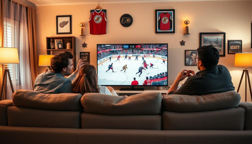 A dynamic living room scene showcasing a group of friends enjoying IPTV Canadian live sports coverage on a large flat-screen TV. In the foreground, a diverse group of four friends is seated on a comfortable sectional sofa, wearing casual clothing, intensely focused on the game, with expressions of excitement and engagement. In the middle, the TV displays a vibrant hockey game in action, complete with animated players and a tense atmosphere. The background features warm lighting from floor lamps, and sports memorabilia decorates the walls, including framed jerseys and trophies. The room has a cozy feel, suggesting an inviting and lively environment where friends gather to experience live sports. The image is charged with energy and camaraderie, showcasing the joy of streaming sports through iptvmaxcanada.com.