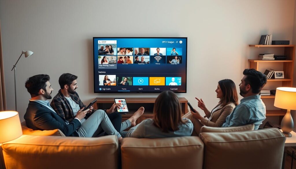A dynamic scene illustrating "IPTV streaming quality optimization," set in a cozy living room with a large, modern flat-screen TV displaying a high-definition streaming interface. In the foreground, a diverse group of four professionals, dressed in smart casual attire, are seated comfortably on a plush sofa, engaging joyfully with their devices, such as a tablet and a smartphone, showcasing a seamless IPTV experience. In the middle, the TV screen vividly displays various high-quality streaming options without buffering symbols, creating a sense of smooth, uninterrupted viewing. Soft ambient lighting from table lamps casts a warm glow, enhancing the inviting atmosphere. In the background, a small bookshelf subtly highlights tech gadgets, alluding to the advanced technology behind iptvmaxcanada.com, reinforcing the theme of optimized IPTV performance.
