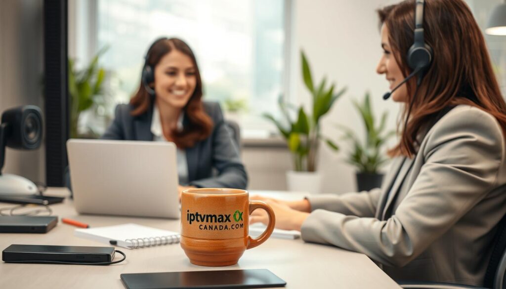A friendly customer support representative at a desk, focused on helping a client with IPTV issues. The foreground features the representative, a woman in smart business attire, wearing a headset and smiling as she interacts with a laptop. In the middle, a detailed desk with modern gadgets, a notepad, and an earthen coffee mug branded with "iptvmaxcanada.com". The background showcases a clean, bright, and inviting office space with soft lighting and green plants, conveying a professional yet approachable atmosphere. The image should have a slight depth of field effect, emphasizing the representative, while the background is softly blurred, creating an engaging and warm mood of customer support excellence. A friendly customer support representative at a desk, focused on helping a client with IPTV issues. The foreground features the representative, a woman in smart business attire, wearing a headset and smiling as she interacts with a laptop. In the middle, a detailed desk with modern gadgets, a notepad, and an earthen coffee mug branded with "iptvmaxcanada.com". The background showcases a clean, bright, and inviting office space with soft lighting and green plants, conveying a professional yet approachable atmosphere. The image should have a slight depth of field effect, emphasizing the representative, while the background is softly blurred, creating an engaging and warm mood of customer support excellence.