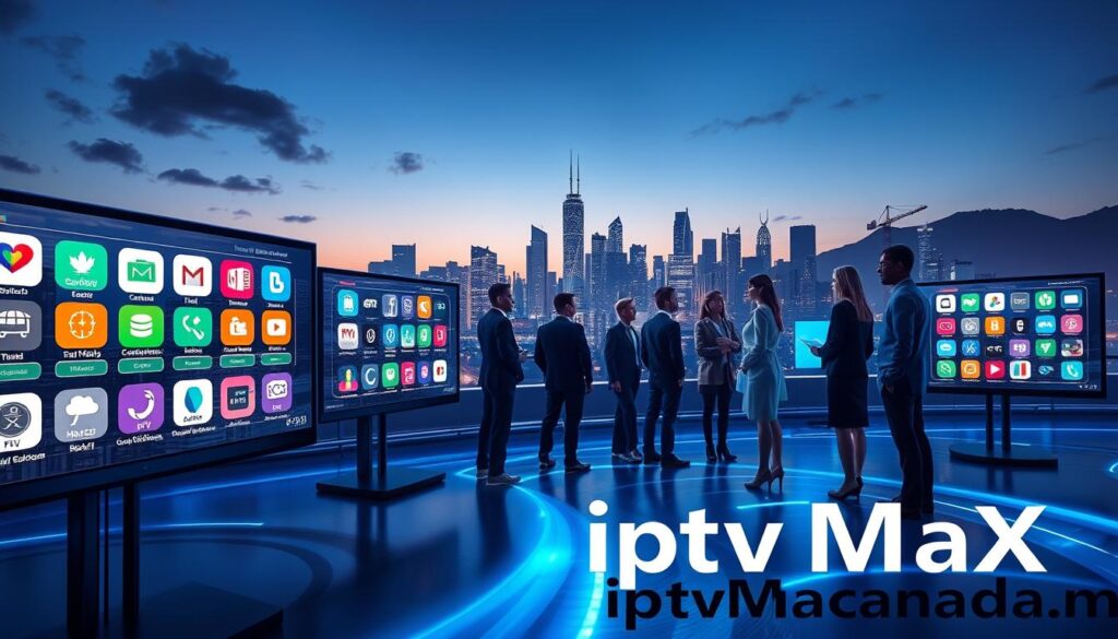 A futuristic digital landscape representing the "Best IPTV Subscription Plans Available in Canada in 2026." In the foreground, display sleek screens showcasing various IPTV plan icons, each represented by vibrant colors and unique symbols. In the middle ground, a diverse group of professionals in business attire engages with these screens, discussing and comparing plans. In the background, a stylized Canadian skyline glows under a twilight sky, highlighted by dynamic lighting that suggests advanced technology. Capture the mood of innovation and reliability, with soft yet bright illumination emphasizing the clarity of the information. Elements like fluid digital lines and a subtle glow suggest connectivity, while the brand "iptvmaxcanada.com" is subtly integrated into the design, enhancing the visual without clutter. Use a wide-angle lens effect to create depth and focus. A futuristic digital landscape representing the "Best IPTV Subscription Plans Available in Canada in 2026." In the foreground, display sleek screens showcasing various IPTV plan icons, each represented by vibrant colors and unique symbols. In the middle ground, a diverse group of professionals in business attire engages with these screens, discussing and comparing plans. In the background, a stylized Canadian skyline glows under a twilight sky, highlighted by dynamic lighting that suggests advanced technology. Capture the mood of innovation and reliability, with soft yet bright illumination emphasizing the clarity of the information. Elements like fluid digital lines and a subtle glow suggest connectivity, while the brand "iptvmaxcanada.com" is subtly integrated into the design, enhancing the visual without clutter. Use a wide-angle lens effect to create depth and focus.