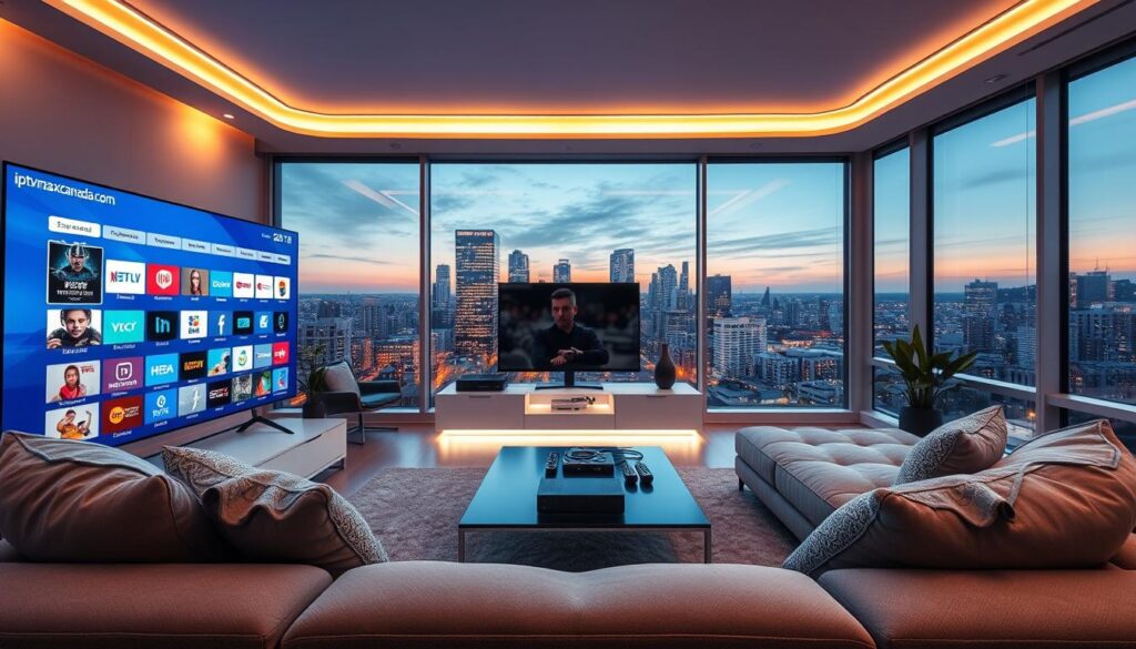 A futuristic living room depicting IPTV streaming solutions in Canada. In the foreground, a smart TV displays a vibrant array of streaming options, showcasing various channels and on-demand content. A comfortable sofa adorned with stylish cushions is positioned invitingly around a sleek coffee table, enhancing the cozy atmosphere. In the middle ground, a modern entertainment center with tech gadgets and a streaming device is strategically placed. The background reveals large windows with a view of a city skyline at dusk, with warm lighting filtering through, creating an inviting ambiance. The scene is well-lit with soft, ambient lighting, using a wide-angle lens perspective to capture the essence of home entertainment. Include branding elements subtly showcasing "iptvmaxcanada.com" on the TV screen, ensuring a professional tone while conveying the excitement of IPTV streaming in 2026. A futuristic living room depicting IPTV streaming solutions in Canada. In the foreground, a smart TV displays a vibrant array of streaming options, showcasing various channels and on-demand content. A comfortable sofa adorned with stylish cushions is positioned invitingly around a sleek coffee table, enhancing the cozy atmosphere. In the middle ground, a modern entertainment center with tech gadgets and a streaming device is strategically placed. The background reveals large windows with a view of a city skyline at dusk, with warm lighting filtering through, creating an inviting ambiance. The scene is well-lit with soft, ambient lighting, using a wide-angle lens perspective to capture the essence of home entertainment. Include branding elements subtly showcasing "iptvmaxcanada.com" on the TV screen, ensuring a professional tone while conveying the excitement of IPTV streaming in 2026.