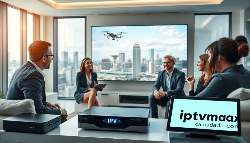 A futuristic living room in 2026, showcasing a sleek, modern entertainment center with a high-definition screen displaying vibrant, crystal-clear streaming content. In the foreground, a diverse group of three professionals in business attire are engaged in a focus group discussion about IPTV services, their expressions conveying excitement and contemplation. The middle ground features advanced streaming devices with glowing indicators, symbolizing technical reliability. In the background, large windows reveal a cityscape with drones and smart technology integration, reflecting a high-tech environment. The lighting is bright and dynamic, emphasizing a lively and optimistic mood, while soft bokeh effects create depth. The image includes a discreet display of the brand "iptvmaxcanada.com" on a tablet at the corner of the scene, ensuring a sleek and modern aesthetic without distractions.