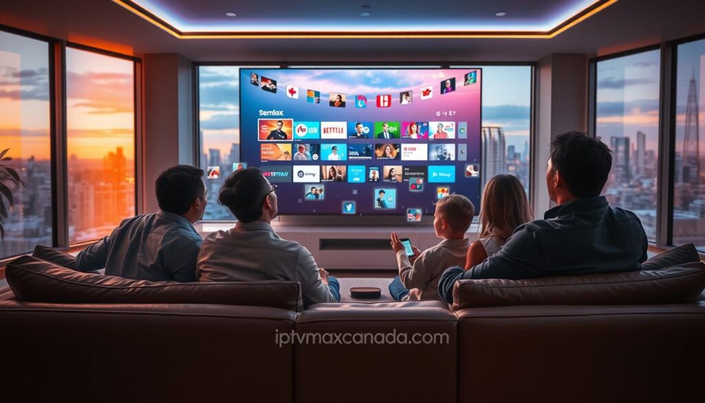 A futuristic living room scene showcasing a Canadian family enjoying IPTV. In the foreground, a diverse family of four sits on a modern sofa, dressed in casual but professional attire, watching a large, sleek screen displaying a vibrant streaming interface. In the middle ground, colorful, holographic elements representing various TV channels and interactive features float around the screen, demonstrating the engaging technology of IPTV. The background features large windows showing a stunning Canadian skyline, bathed in warm, inviting evening light. The atmosphere is relaxed and joyful, emphasizing the future of entertainment. Utilize an immersive angle, with a soft focus to enhance the warm lighting, creating a friendly and modern ambiance. Include subtle branding elements of "iptvmaxcanada.com" integrated into the streaming interface. A futuristic living room scene showcasing a Canadian family enjoying IPTV. In the foreground, a diverse family of four sits on a modern sofa, dressed in casual but professional attire, watching a large, sleek screen displaying a vibrant streaming interface. In the middle ground, colorful, holographic elements representing various TV channels and interactive features float around the screen, demonstrating the engaging technology of IPTV. The background features large windows showing a stunning Canadian skyline, bathed in warm, inviting evening light. The atmosphere is relaxed and joyful, emphasizing the future of entertainment. Utilize an immersive angle, with a soft focus to enhance the warm lighting, creating a friendly and modern ambiance. Include subtle branding elements of "iptvmaxcanada.com" integrated into the streaming interface.