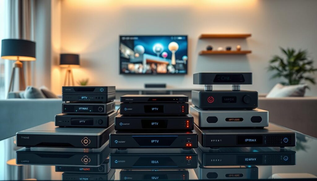 A futuristic living room setting showcasing a variety of IPTV boxes for 2026 prominently displayed on a sleek glass table. In the foreground, individual IPTV boxes are stacked and arranged, each with distinct shapes and designs, featuring glowing LED indicators and modern branding like "iptvmaxcanada.com". The middle section includes a stylish TV mounted on the wall, featuring vibrant streaming visuals, creating an inviting atmosphere. The background features a cozy home environment with minimalist furniture and ambient lighting that evokes a sense of comfort and innovation. The scene is illuminated with soft, warm lighting to create a relaxed mood, captured from an angle slightly above the table to emphasize the IPTV boxes while giving a glimpse of the living room ambiance. A futuristic living room setting showcasing a variety of IPTV boxes for 2026 prominently displayed on a sleek glass table. In the foreground, individual IPTV boxes are stacked and arranged, each with distinct shapes and designs, featuring glowing LED indicators and modern branding like "iptvmaxcanada.com". The middle section includes a stylish TV mounted on the wall, featuring vibrant streaming visuals, creating an inviting atmosphere. The background features a cozy home environment with minimalist furniture and ambient lighting that evokes a sense of comfort and innovation. The scene is illuminated with soft, warm lighting to create a relaxed mood, captured from an angle slightly above the table to emphasize the IPTV boxes while giving a glimpse of the living room ambiance.