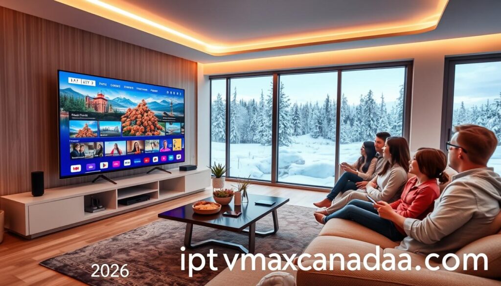 A futuristic living room showcasing IPTV services tailored for Canadian viewers in 2026. In the foreground, a sleek, modern television displays various IPTV channels, with vibrant visuals of Canadian nature and cultural highlights. A cozy couch with a family enjoying their viewing experience, dressed in casual yet tidy clothing, evokes a sense of community and family time. In the middle ground, a stylish coffee table holds a remote and snacks, while smart devices like tablets and smartphones reflect the evolving technology landscape. The background features large windows with a view of a snowy Canadian landscape, under soft, warm lighting that creates an inviting atmosphere. Emphasize the logo "iptvmaxcanada.com" subtly integrated into the scene for branding without overt text or distractions. A futuristic living room showcasing IPTV services tailored for Canadian viewers in 2026. In the foreground, a sleek, modern television displays various IPTV channels, with vibrant visuals of Canadian nature and cultural highlights. A cozy couch with a family enjoying their viewing experience, dressed in casual yet tidy clothing, evokes a sense of community and family time. In the middle ground, a stylish coffee table holds a remote and snacks, while smart devices like tablets and smartphones reflect the evolving technology landscape. The background features large windows with a view of a snowy Canadian landscape, under soft, warm lighting that creates an inviting atmosphere. Emphasize the logo "iptvmaxcanada.com" subtly integrated into the scene for branding without overt text or distractions.