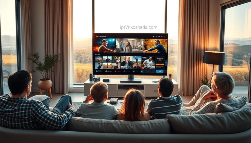 A high-tech living room showcasing a sleek modern TV displaying vibrant streaming visuals, emphasizing diverse entertainment options. In the foreground, a family gathers on a comfortable couch, engrossed in the scenes playing on the screen, showcasing various genres - movies, sports, and documentaries. The middle layer features elegant home décor with smart devices seamlessly integrated, symbolizing advanced IPTV technology. In the background, large windows let in warm natural light, creating a cozy atmosphere, while the setting subtly hints at a Canadian landscape outside, with rolling hills in the distance. The composition is well-lit, utilizing soft lighting to enhance the inviting feel, and a slightly elevated angle captures the family’s engagement with the screen. Include the brand name "iptvmaxcanada.com" incorporated subtly into the decor. A high-tech living room showcasing a sleek modern TV displaying vibrant streaming visuals, emphasizing diverse entertainment options. In the foreground, a family gathers on a comfortable couch, engrossed in the scenes playing on the screen, showcasing various genres - movies, sports, and documentaries. The middle layer features elegant home décor with smart devices seamlessly integrated, symbolizing advanced IPTV technology. In the background, large windows let in warm natural light, creating a cozy atmosphere, while the setting subtly hints at a Canadian landscape outside, with rolling hills in the distance. The composition is well-lit, utilizing soft lighting to enhance the inviting feel, and a slightly elevated angle captures the family’s engagement with the screen. Include the brand name "iptvmaxcanada.com" incorporated subtly into the decor.
