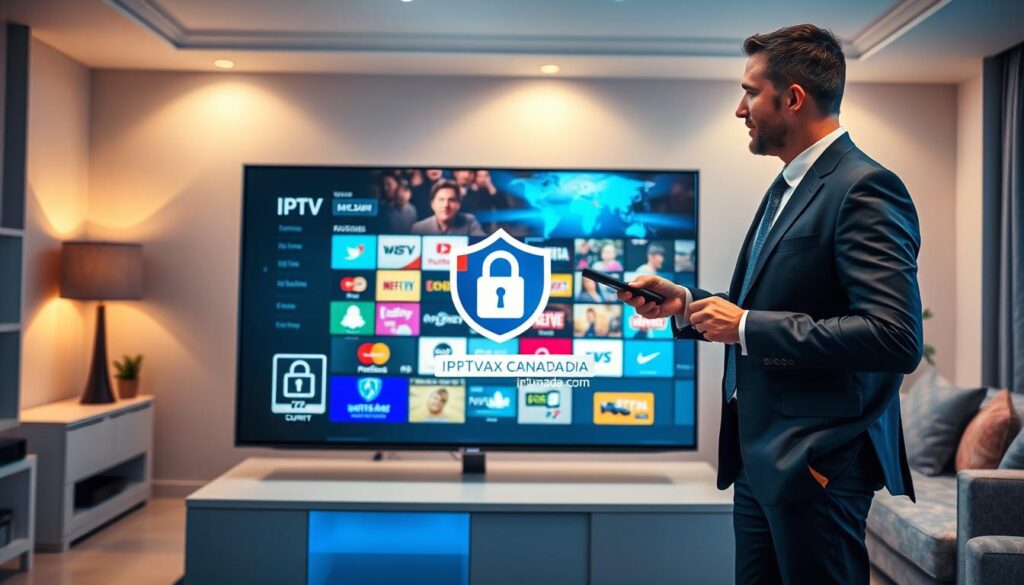 A highly detailed image illustrating the concept of IPTV services' security features. In the foreground, depict a sleek modern television displaying a vibrant interface of IPTV channels, embedded with graphic icons symbolizing security features like a shield, lock, and encryption key. In the middle ground, showcase a professional individual, dressed in business attire, navigating the interface with a remote control, expressing confidence and ease of use. The background features a comfortable living room setting with soft lighting, highlighting the warmth of home entertainment. Use a slight perspective angle to emphasize depth, with a warm color palette to convey a sense of trust and reliability. Include the brand logo "iptvmaxcanada.com" subtly integrated into the television screen.