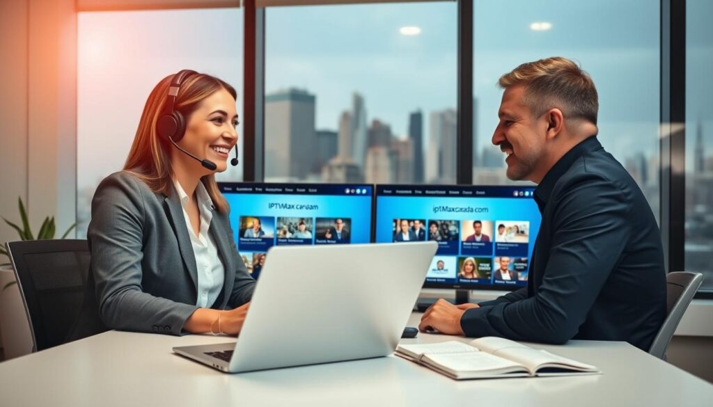A knowledgeable customer service representative, wearing a professional headset, is engaged in a friendly conversation with a satisfied customer. The foreground features a modern office setting with a sleek desk, laptop, and open notepad with notes. In the middle ground, there are two screens displaying the website "iptvmaxcanada.com" showcasing various IPTV channels. The background has soft, natural lighting coming from a large window with a view of a urban Canadian city skyline, suggesting a sense of connectivity. The atmosphere is warm and inviting, reflecting a supportive and efficient IPTV customer service experience. The image should be well-composed with a focus on the interaction, captured with a slight tilt angle to create dynamism and an engaging visual flow. A knowledgeable customer service representative, wearing a professional headset, is engaged in a friendly conversation with a satisfied customer. The foreground features a modern office setting with a sleek desk, laptop, and open notepad with notes. In the middle ground, there are two screens displaying the website "iptvmaxcanada.com" showcasing various IPTV channels. The background has soft, natural lighting coming from a large window with a view of a urban Canadian city skyline, suggesting a sense of connectivity. The atmosphere is warm and inviting, reflecting a supportive and efficient IPTV customer service experience. The image should be well-composed with a focus on the interaction, captured with a slight tilt angle to create dynamism and an engaging visual flow.