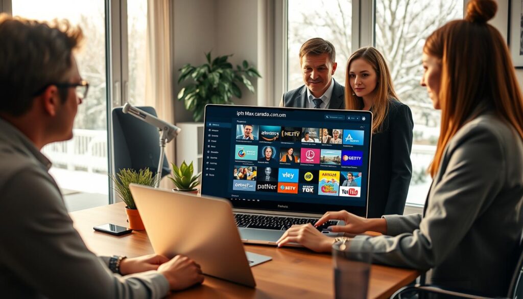 A modern and sleek digital workspace featuring a Canadian user interacting with an IPTV service on a laptop. In the foreground, show a diverse group of three professionals (one male, two females) dressed in business casual attire, intently discussing IPTV features. In the middle, focus on the laptop screen displaying the interface of "iptvmaxcanada.com" showcasing a variety of channels with vibrant thumbnails. The background should include elements of a cozy Canadian home office, such as a wooden desk, indoor plants, and a window revealing a snowy landscape. The lighting is warm and inviting, with sunlight streaming in from the window, creating a productive atmosphere. Aim for a clear, inviting composition that emphasizes the professionalism and convenience of IPTV services for Canadian users.