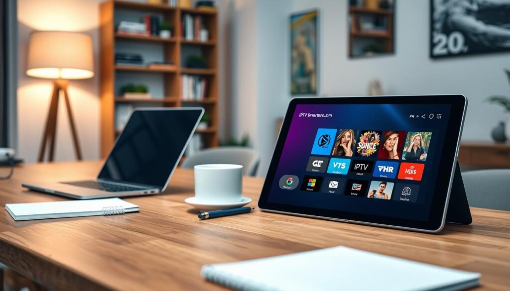 A modern and sleek digital workspace showcasing the IPTV Smarters Pro APK media player interface on a high-resolution tablet placed on a stylish wooden desk. In the foreground, the tablet screen displays the vibrant and user-friendly IPTV Smarters Pro interface, showcasing colorful channel icons and a smooth user experience. The mid-ground features a well-organized workspace with a laptop, a notepad, and a cup of coffee, enhancing the productive atmosphere. The background reveals a softly lit room with a blurred bookshelf and modern decor, creating a warm and inviting mood. Soft, diffused lighting from a desk lamp casts an elegant glow, highlighting the technology. Incorporate subtle branding with "iptvmaxcanada.com" visible on the tablet screen, ensuring it blends harmoniously into the design.