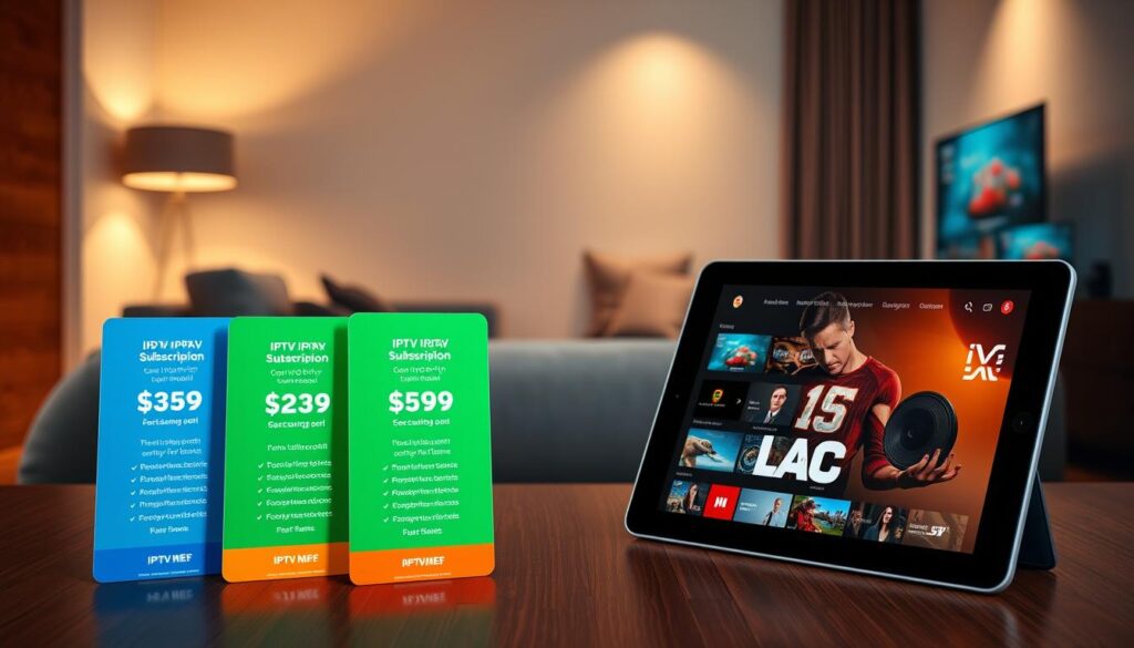 A modern and stylish digital mockup showcasing a variety of IPTV subscription plans and pricing options. The foreground features sleek cards with different plans displayed, each card highlighted in vibrant colors such as blue, green, and orange, with icons representing features like HD streaming and multi-device access. The middle ground includes a high-tech tablet showcasing a user interface that highlights various TV channels. The background shows a sophisticated living room setting, softly lit, with a comfortable couch and a large flat-screen TV. The atmosphere is contemporary and inviting, suggesting a cozy streaming experience. Include the brand name "iptvmaxcanada.com" prominently on the display devices. The lighting is warm and inviting, cast in soft, subtle tones to enhance the focus on the subscription plans.