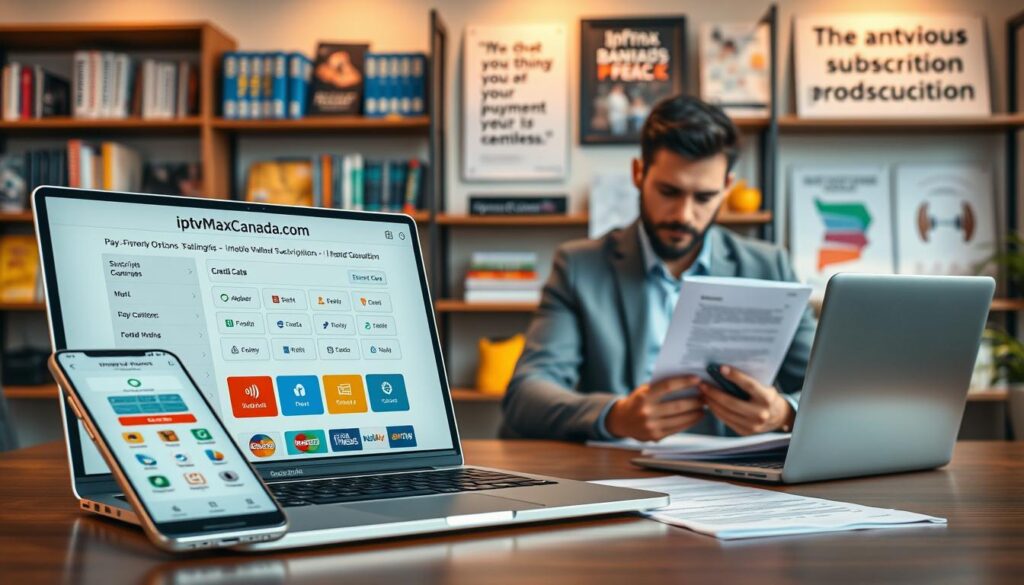 A modern and visually appealing workspace illustrating "Payment Options and Subscription Management for IPTV." In the foreground, a sleek laptop displays a user-friendly IPTV subscription interface, featuring various payment options like credit cards and digital wallets. Beside it, a smartphone showcases a mobile banking app for seamless transactions. In the middle ground, a professional in smart casual attire reviews a tablet, deep in thought, while surrounded by documents and colorful charts related to IPTV services. The background is softly blurred with shelves holding technology books and motivational quotes on productivity. Warm, ambient lighting creates an inviting atmosphere, and the scene reflects a sense of ease and efficiency in managing subscriptions. The brand name "iptvmaxcanada.com" is prominently displayed on the laptop screen. A modern and visually appealing workspace illustrating "Payment Options and Subscription Management for IPTV." In the foreground, a sleek laptop displays a user-friendly IPTV subscription interface, featuring various payment options like credit cards and digital wallets. Beside it, a smartphone showcases a mobile banking app for seamless transactions. In the middle ground, a professional in smart casual attire reviews a tablet, deep in thought, while surrounded by documents and colorful charts related to IPTV services. The background is softly blurred with shelves holding technology books and motivational quotes on productivity. Warm, ambient lighting creates an inviting atmosphere, and the scene reflects a sense of ease and efficiency in managing subscriptions. The brand name "iptvmaxcanada.com" is prominently displayed on the laptop screen.