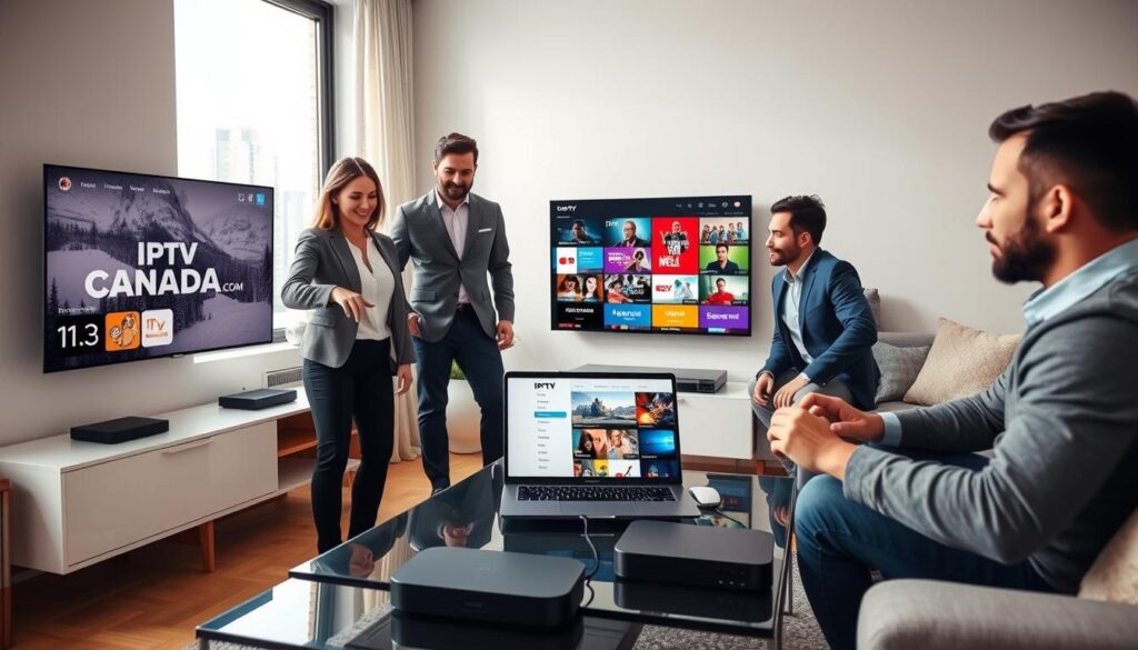 A modern, cozy living room scene illustrating the process of setting up an IPTV subscription in Canada. In the foreground, a diverse group of three adults—one woman and two men—are gathered around a stylish coffee table, collaborating on a laptop displaying the iptvmaxcanada.com website. The woman, in a professional business attire, points at the screen, while the men, dressed in smart casual clothing, appear engaged and interested. The middle ground features a large TV mounted on the wall, showing a colorful selection of IPTV channels, with sleek tech devices like a streaming box beside it. The background hints at Canadian elements, like a scenic window view of a snowy landscape. Soft, natural lighting filters through the window, creating a warm, inviting atmosphere that conveys a sense of teamwork and ease in setting up the subscription. A modern, cozy living room scene illustrating the process of setting up an IPTV subscription in Canada. In the foreground, a diverse group of three adults—one woman and two men—are gathered around a stylish coffee table, collaborating on a laptop displaying the iptvmaxcanada.com website. The woman, in a professional business attire, points at the screen, while the men, dressed in smart casual clothing, appear engaged and interested. The middle ground features a large TV mounted on the wall, showing a colorful selection of IPTV channels, with sleek tech devices like a streaming box beside it. The background hints at Canadian elements, like a scenic window view of a snowy landscape. Soft, natural lighting filters through the window, creating a warm, inviting atmosphere that conveys a sense of teamwork and ease in setting up the subscription.