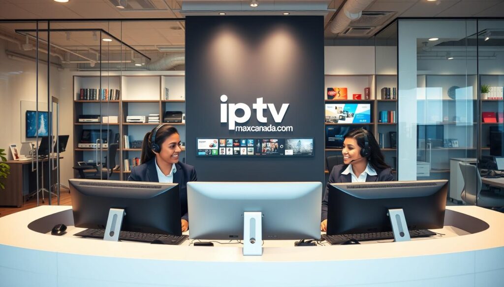 A modern customer support center for IPTV Brampton Canada, featuring a diverse team of three professional agents in business attire, engaged in assisting customers. The foreground showcases a sleek desk with computers and headsets, with the agents actively communicating and smiling. The middle ground includes a large wall display featuring the logo "iptvmaxcanada.com," along with images of various IPTV services. In the background, there are glass panels that provide visibility to a high-tech workspace filled with shelves of tech equipment and promotional materials. Soft, diffused lighting creates a welcoming atmosphere, enhancing the feeling of reliability and professionalism. The scene captures a warm and efficient vibe, emphasizing excellent customer service in a dynamic work environment. A modern customer support center for IPTV Brampton Canada, featuring a diverse team of three professional agents in business attire, engaged in assisting customers. The foreground showcases a sleek desk with computers and headsets, with the agents actively communicating and smiling. The middle ground includes a large wall display featuring the logo "iptvmaxcanada.com," along with images of various IPTV services. In the background, there are glass panels that provide visibility to a high-tech workspace filled with shelves of tech equipment and promotional materials. Soft, diffused lighting creates a welcoming atmosphere, enhancing the feeling of reliability and professionalism. The scene captures a warm and efficient vibe, emphasizing excellent customer service in a dynamic work environment.