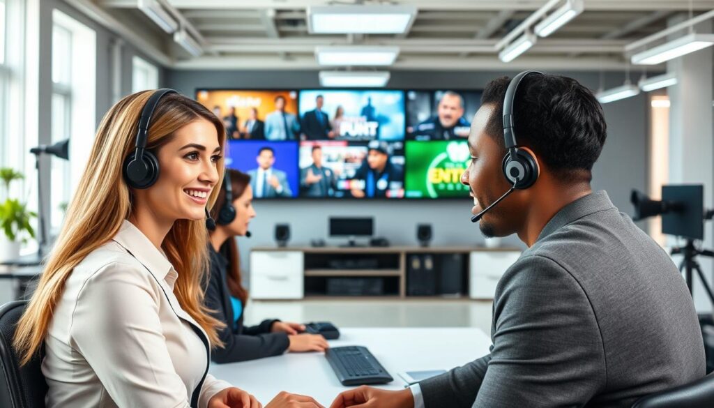 A modern customer support center illustrating comprehensive service for IPTV. In the foreground, a diverse team of three customer service representatives, dressed in professional business attire, interact with customers via headsets. Their expressions are friendly and attentive, showcasing a commitment to service reliability. In the middle ground, multiple screens display various IPTV channels, showing vibrant scenes from popular shows, emphasizing the entertainment aspect. The background features an open and well-lit office space with modern decor and streaming equipment, conveying a tech-savvy environment. Bright white and blue lighting creates a clean, professional atmosphere. The image should embody a sense of trust and efficiency, highlighting the brand name "iptvmaxcanada.com" subtly within the scene, suggesting a reliable IPTV customer support experience. A modern customer support center illustrating comprehensive service for IPTV. In the foreground, a diverse team of three customer service representatives, dressed in professional business attire, interact with customers via headsets. Their expressions are friendly and attentive, showcasing a commitment to service reliability. In the middle ground, multiple screens display various IPTV channels, showing vibrant scenes from popular shows, emphasizing the entertainment aspect. The background features an open and well-lit office space with modern decor and streaming equipment, conveying a tech-savvy environment. Bright white and blue lighting creates a clean, professional atmosphere. The image should embody a sense of trust and efficiency, highlighting the brand name "iptvmaxcanada.com" subtly within the scene, suggesting a reliable IPTV customer support experience.