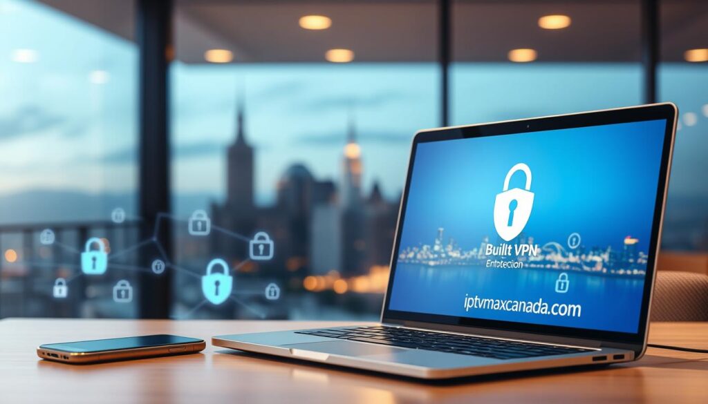 A modern digital office environment showcasing the concept of privacy and security features in an IPTV service. In the foreground, a sleek laptop displays a user-friendly interface with a built-in VPN feature highlighted. Nearby, a smartphone shows a data protection app. The middle ground features abstract graphics representing encryption, such as digital locks and shield icons. In the background, soft-focus images of a city skyline at dusk are illuminated with a warm glow, conveying a sense of safety and connectivity. Warm, ambient lighting emphasizes professionalism, with a deep blue color palette reflecting trust and security. The scene subtly incorporates the brand name "iptvmaxcanada.com" integrated into the laptop screen's design, ensuring a clean and professional layout.
