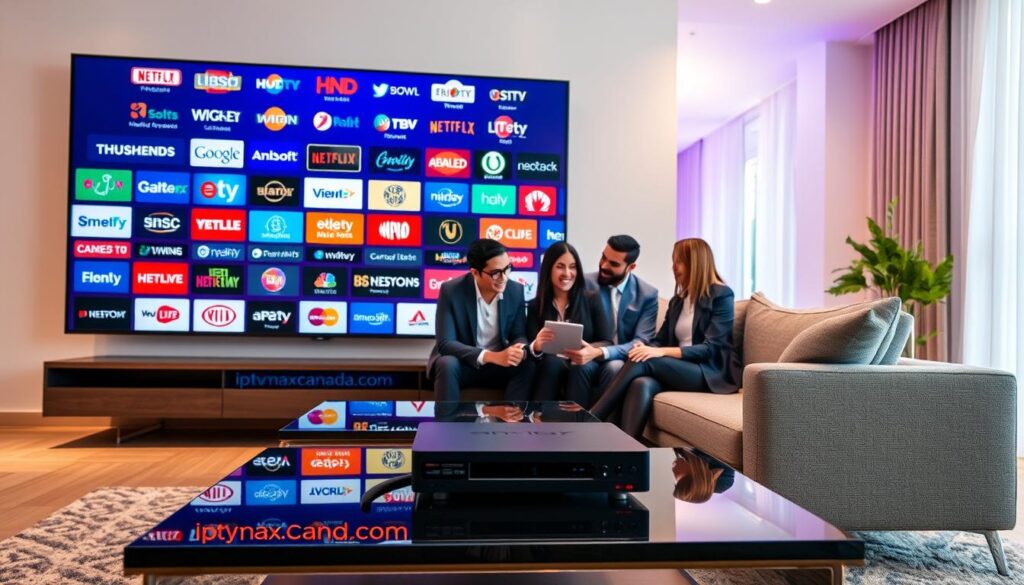 A modern, high-tech living room with a large, sleek flat-screen TV prominently displaying a vibrant array of logos representing thousands of live channels and on-demand movies and series. In the foreground, a stylish coffee table holds a streaming device with the brand name "iptvmaxcanada.com" visible. The middle ground features a comfortable couch where a diverse group of two people, dressed in professional business attire, are excitedly discussing the various viewing options. The background captures a bright and inviting interior, illuminated by soft ambient lighting, enhancing the feeling of comfort and entertainment. The atmosphere is lively and engaging, suggesting a seamless streaming experience and the joy of accessing an extensive media library.