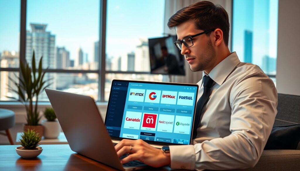 A modern home office setting featuring a professional individual dressed in business attire, attentively comparing various IPTV service options on a sleek laptop. In the foreground, the laptop screen displays a colorful, user-friendly interface with logos of Canadian IPTV services, including "iptvmaxcanada.com." The middle ground highlights a cozy workspace with stylish furniture, plants, and ambient lighting that creates a warm, inviting atmosphere. In the background, a large window shows a view of a bustling Canadian cityscape under a clear blue sky, contributing to a contemporary feel. The overall mood is focused and productive, capturing the essence of decision-making in selecting the best IPTV service for 2026. Use soft, natural lighting to emphasize clarity and professionalism. A modern home office setting featuring a professional individual dressed in business attire, attentively comparing various IPTV service options on a sleek laptop. In the foreground, the laptop screen displays a colorful, user-friendly interface with logos of Canadian IPTV services, including "iptvmaxcanada.com." The middle ground highlights a cozy workspace with stylish furniture, plants, and ambient lighting that creates a warm, inviting atmosphere. In the background, a large window shows a view of a bustling Canadian cityscape under a clear blue sky, contributing to a contemporary feel. The overall mood is focused and productive, capturing the essence of decision-making in selecting the best IPTV service for 2026. Use soft, natural lighting to emphasize clarity and professionalism.