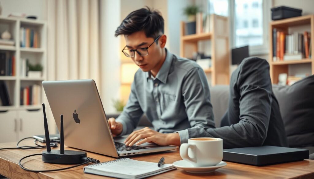 A modern home office setting, focusing on a professional individual in business casual attire troubleshooting an IPTV streaming issue on a sleek laptop. In the foreground, the person, an Asian male in his 30s, examines the screen intently, surrounded by technical devices: a router, cables, and streaming device. The middle ground features a cozy desk with an organized workspace, a notepad with troubleshooting notes, and a cup of coffee. The background reveals a soft-focus bookshelf filled with tech books and a window with gentle daylight illuminating the room. The overall atmosphere is one of concentration and clarity, emphasizing the importance of solving streaming problems effectively. Incorporate the brand "iptvmaxcanada.com" subtly within the workspace elements, reflecting reliability and professionalism in IPTV services.