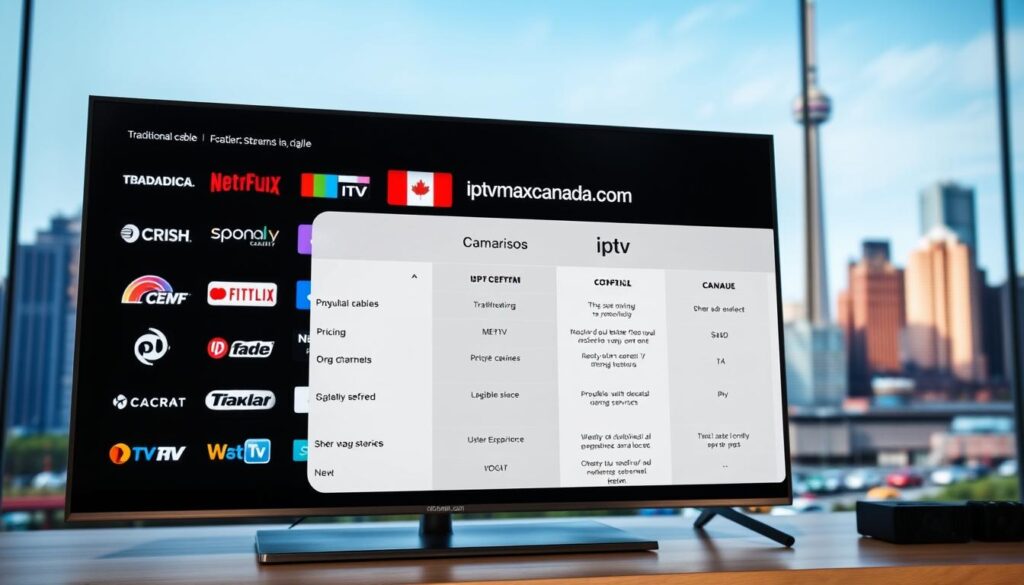 A modern infographic illustrating the comparison of IPTV services in Canada, showcasing various elements like traditional cable, other streaming services, and IPTV options. In the foreground, feature a sleek, digital interface with logos of popular IPTV services, including "iptvmaxcanada.com". The middle layer should present a side-by-side comparison chart, highlighting key features such as pricing, channels offered, and user experience. In the background, depict a vibrant Canadian city skyline to represent the local context. Use bright, inviting colors and soft, even lighting to create a professional and informative atmosphere. The perspective should be slightly angled, giving a clean, modern look without any text or additional distractions.