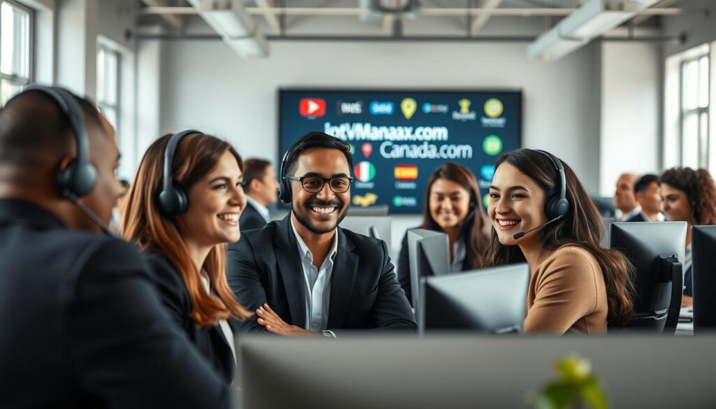 A modern, inviting customer support center featuring friendly representatives of various ethnic backgrounds, dressed in smart business attire. In the foreground, a representative smiles while assisting a diverse customer in multiple languages, showcasing multilingual support. The middle ground reveals a well-organized workspace with headsets, computers, and an open layout, emphasizing communication and teamwork. In the background, a large screen displays the website "iptvmaxcanada.com" along with visual representations of different languages, enhancing the theme of global service. Soft, natural lighting from windows creates a warm and approachable atmosphere, while a slight depth of field focuses on the interaction, giving a professional yet welcoming feel to the scene.
