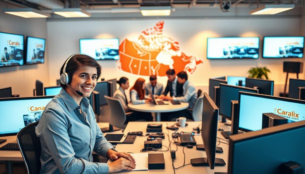 A modern, inviting office space designed for customer support, filled with multiple computer stations featuring large monitors displaying IPTV service interfaces. In the foreground, a friendly customer support representative wearing professional business attire is assisting a customer on a headset, showing empathy and professionalism. In the middle, diverse team members collaborate at a round table, discussing troubleshooting tips, surrounded by relevant technology gadgets. The background features a large map of Canada, symbolizing nationwide support, with soft, warm lighting that creates a welcoming atmosphere. The environment exudes reliability and efficiency, embodying the essence of 24/7 access to help. The brand logo "iptvmaxcanada.com" is subtly integrated into the decor, enhancing the professional vibe without being intrusive. A modern, inviting office space designed for customer support, filled with multiple computer stations featuring large monitors displaying IPTV service interfaces. In the foreground, a friendly customer support representative wearing professional business attire is assisting a customer on a headset, showing empathy and professionalism. In the middle, diverse team members collaborate at a round table, discussing troubleshooting tips, surrounded by relevant technology gadgets. The background features a large map of Canada, symbolizing nationwide support, with soft, warm lighting that creates a welcoming atmosphere. The environment exudes reliability and efficiency, embodying the essence of 24/7 access to help. The brand logo "iptvmaxcanada.com" is subtly integrated into the decor, enhancing the professional vibe without being intrusive.