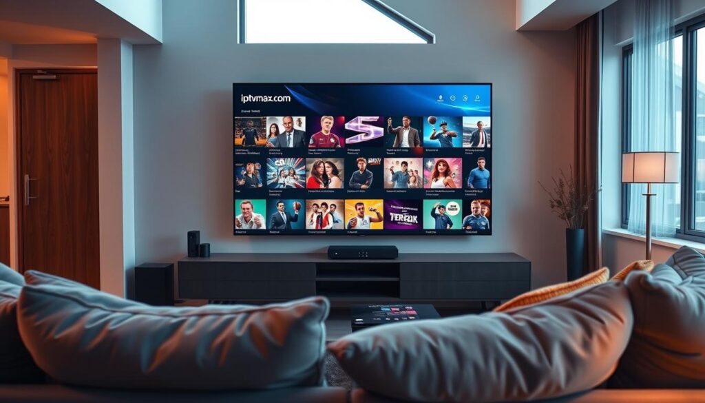 A modern living room designed for entertainment, showcasing a large flat-screen TV displaying a vibrant IPTV channel interface filled with various colorful thumbnails of movies, shows, and sports events. The scene features a cozy couch with oversized cushions and a stylish coffee table, surrounded by ambient lighting that creates a warm atmosphere. In the background, a sleek media console holds a streaming device with the brand "iptvmaxcanada.com" visible. Soft natural light filters through a window, illuminating the space and adding depth. The angle captures the room's inviting ambience, making it feel like a perfect spot for enjoying diverse content. The overall mood is relaxed and engaging, emphasizing the vast library of on-demand entertainment options available. A modern living room designed for entertainment, showcasing a large flat-screen TV displaying a vibrant IPTV channel interface filled with various colorful thumbnails of movies, shows, and sports events. The scene features a cozy couch with oversized cushions and a stylish coffee table, surrounded by ambient lighting that creates a warm atmosphere. In the background, a sleek media console holds a streaming device with the brand "iptvmaxcanada.com" visible. Soft natural light filters through a window, illuminating the space and adding depth. The angle captures the room's inviting ambience, making it feel like a perfect spot for enjoying diverse content. The overall mood is relaxed and engaging, emphasizing the vast library of on-demand entertainment options available.