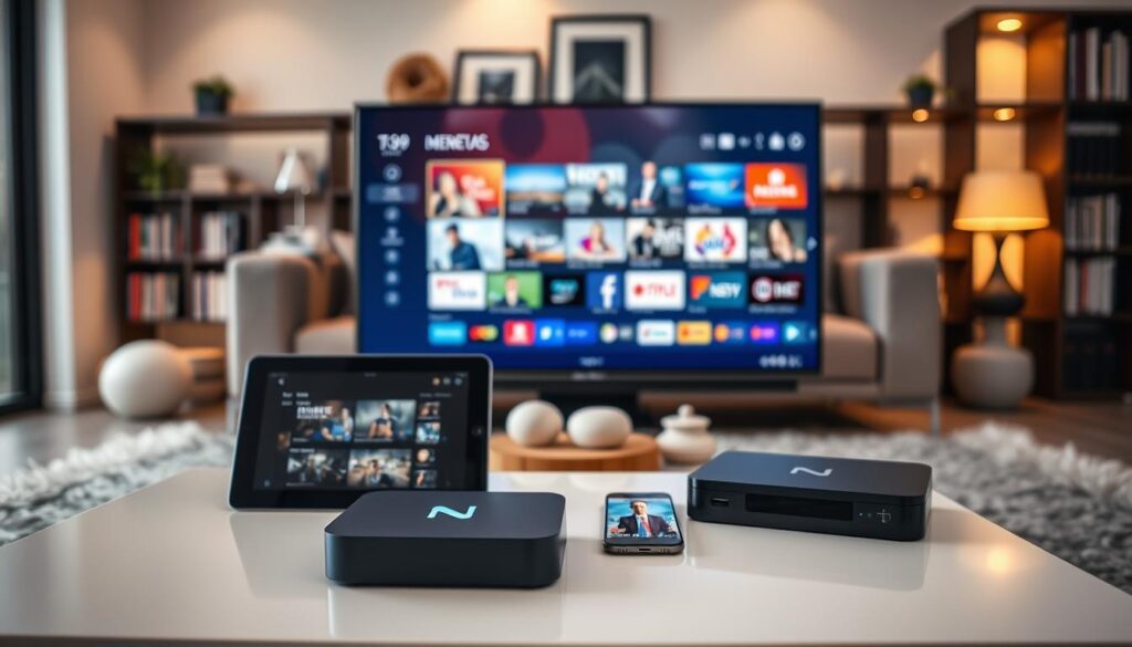 A modern living room environment showcasing various devices compatible with Edge IPTV, including a sleek smart TV, a tablet, a smartphone, and a streaming box like the iptvmaxcanada.com device, all arranged on a stylish coffee table. The foreground focuses on these devices, illuminated by soft, warm lighting that highlights their screens showing vibrant streaming content. In the middle ground, a cozy couch and decorative elements create a welcoming atmosphere. The background features a subtle bookshelf filled with media options, emphasizing flexibility in streaming. The scene is viewed from a slightly angled perspective, creating depth, with a serene ambiance that conveys reliability and modern technology. A modern living room environment showcasing various devices compatible with Edge IPTV, including a sleek smart TV, a tablet, a smartphone, and a streaming box like the iptvmaxcanada.com device, all arranged on a stylish coffee table. The foreground focuses on these devices, illuminated by soft, warm lighting that highlights their screens showing vibrant streaming content. In the middle ground, a cozy couch and decorative elements create a welcoming atmosphere. The background features a subtle bookshelf filled with media options, emphasizing flexibility in streaming. The scene is viewed from a slightly angled perspective, creating depth, with a serene ambiance that conveys reliability and modern technology.