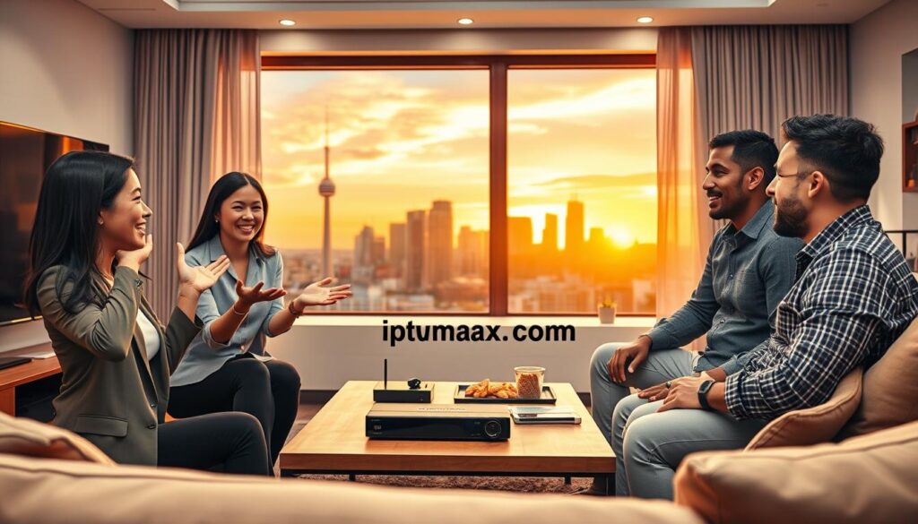 A modern living room featuring a group of diverse individuals gathered around a sleek television, with expressions of excitement and satisfaction as they share their experiences with IPTV Toronto services. In the foreground, an Asian woman in professional attire gestures animatedly, while a Black man wearing a casual shirt listens intently, nodding in agreement. In the middle, a coffee table is adorned with tech gadgets and snacks, symbolizing a relaxed viewing atmosphere. The background showcases a stylish decor with soft, warm lighting, creating a welcoming ambiance. The room has a large window highlighting a beautiful Toronto city skyline at sunset, with a warm golden glow enhancing the mood. Include subtly displayed branding elements like "iptvmaxcanada.com" on the screen. A modern living room featuring a group of diverse individuals gathered around a sleek television, with expressions of excitement and satisfaction as they share their experiences with IPTV Toronto services. In the foreground, an Asian woman in professional attire gestures animatedly, while a Black man wearing a casual shirt listens intently, nodding in agreement. In the middle, a coffee table is adorned with tech gadgets and snacks, symbolizing a relaxed viewing atmosphere. The background showcases a stylish decor with soft, warm lighting, creating a welcoming ambiance. The room has a large window highlighting a beautiful Toronto city skyline at sunset, with a warm golden glow enhancing the mood. Include subtly displayed branding elements like "iptvmaxcanada.com" on the screen.