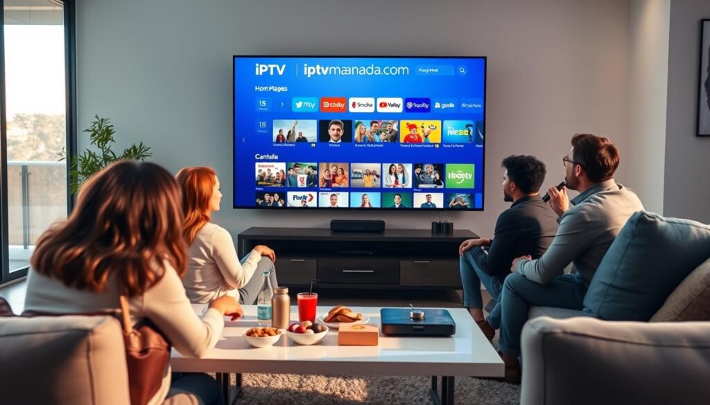 A modern living room featuring a large flat-screen TV displaying a vibrant interface of iptvmaxcanada.com, showcasing various streaming channels available in Canada. In the foreground, a diverse family of four, dressed in smart casual clothing, is engaged in watching their favorite show together, capturing the essence of communal entertainment. In the middle, a sleek coffee table with snacks and drinks enhances the cozy atmosphere while a stylish entertainment unit houses a shiny IPTV streaming device. The background features a large window with natural sunlight streaming in, illuminating the room and creating a warm, inviting mood. The overall composition is dynamic and engaging, emphasizing the revolutionary experience of this IPTV service. Use soft lighting to create a welcoming atmosphere, shot from a slightly elevated angle to capture both the family and the vibrant TV interface clearly.