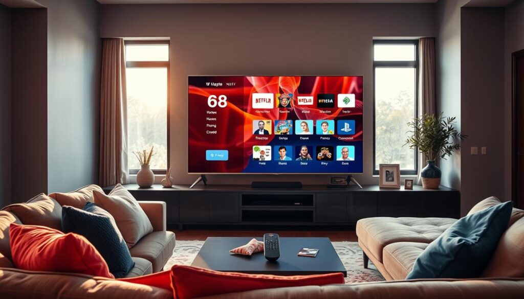 A modern living room featuring a large, high-definition television screen displaying vibrant IPTV content, representing streaming quality in Brampton. In the foreground, a cozy sofa adorned with colorful cushions invites viewers to relax. The middle ground showcases a stylish coffee table with a remote control and snacks. In the background, a large window lets in warm, natural light, creating an inviting atmosphere. Soft reflections are visible on the TV screen, enhancing the visible IPTV interface from iptvmaxcanada.com. The scene conveys a sense of comfort and excitement, illustrating the superior streaming quality that IPTV offers. Use a wide-angle lens to capture the entire room, ensuring good lighting that highlights the details and creates a welcoming ambiance.