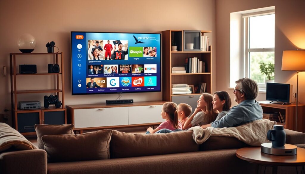 A modern living room featuring a sleek LED TV displaying an IPTV streaming service interface, showcasing channels and vibrant content. In the foreground, a family of four—parents and two children—sitting comfortably on a plush sofa, engaging with the TV, dressed in casual yet tidy outfits. The background includes a stylish bookshelf with tech gadgets and a window allowing warm natural light to filter in, creating an inviting atmosphere. The composition should emphasize the ease and accessibility of IPTV, contrasting with the cluttered look of traditional cable setups, which can be subtly represented on a side table. Use soft lighting to highlight the joyful interaction and the modern technology of IPTVmaxcanada.com, captured from a wide-angle perspective to convey a sense of openness and comfort.