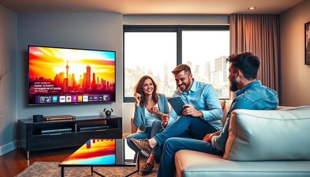 A modern living room featuring a sleek flat-screen TV displaying vibrant IPTV content with the logo "iptvmaxcanada.com" subtly integrated into the design. In the foreground, a diverse group of three friends, dressed in professional casual attire, are joyfully interacting with a tablet while sitting on a stylish sofa. The middle scene captures a cozy, inviting atmosphere with warm, ambient lighting that creates a sense of excitement and accessibility. The background shows a bright window with a view of a Canadian skyline, suggesting a local connection. The setting should evoke a feeling of instant connection and modern entertainment, focusing on the ease and enjoyment of instant activation IPTV. Use a wide-angle view to highlight the environment, ensuring the mood is lively yet comfortable. A modern living room featuring a sleek flat-screen TV displaying vibrant IPTV content with the logo "iptvmaxcanada.com" subtly integrated into the design. In the foreground, a diverse group of three friends, dressed in professional casual attire, are joyfully interacting with a tablet while sitting on a stylish sofa. The middle scene captures a cozy, inviting atmosphere with warm, ambient lighting that creates a sense of excitement and accessibility. The background shows a bright window with a view of a Canadian skyline, suggesting a local connection. The setting should evoke a feeling of instant connection and modern entertainment, focusing on the ease and enjoyment of instant activation IPTV. Use a wide-angle view to highlight the environment, ensuring the mood is lively yet comfortable.