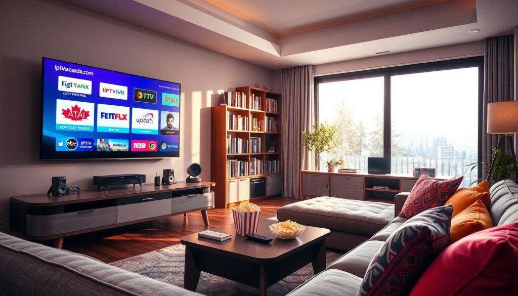 A modern living room featuring a sleek television displaying vibrant streaming services, showcasing logos of popular IPTV brands, including "iptvmaxcanada.com". In the foreground, a comfortable sofa with colorful cushions invites relaxation, while a stylish coffee table holds a remote control and popcorn. The middle ground includes a bookshelf filled with DVDs and tech gadgets, reflecting a blend of entertainment culture. The background shows a large window with soft natural light streaming in, casting warm shadows across the room. The overall atmosphere is cozy and inviting, embodying the perfect environment for streaming. Use a wide-angle lens to capture a spacious feel, focusing on the interplay of light and shadows to enhance the warmth of the living space. A modern living room featuring a sleek television displaying vibrant streaming services, showcasing logos of popular IPTV brands, including "iptvmaxcanada.com". In the foreground, a comfortable sofa with colorful cushions invites relaxation, while a stylish coffee table holds a remote control and popcorn. The middle ground includes a bookshelf filled with DVDs and tech gadgets, reflecting a blend of entertainment culture. The background shows a large window with soft natural light streaming in, casting warm shadows across the room. The overall atmosphere is cozy and inviting, embodying the perfect environment for streaming. Use a wide-angle lens to capture a spacious feel, focusing on the interplay of light and shadows to enhance the warmth of the living space.