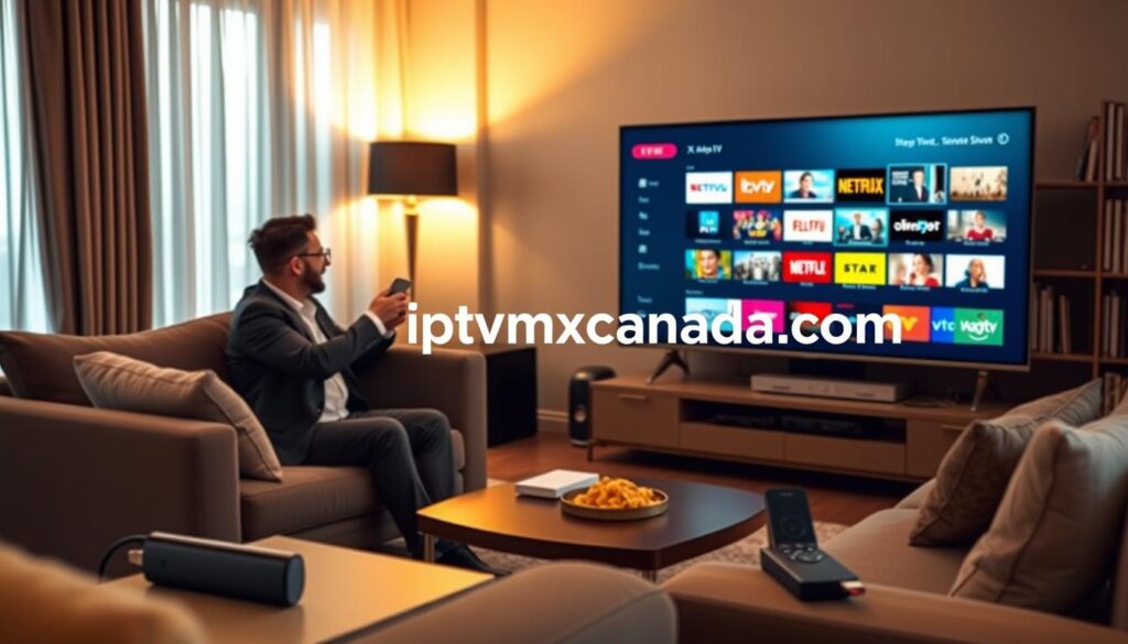 A modern living room scene featuring a sleek smart TV displaying an IPTV interface, showcasing vibrant channels. In the foreground, a well-dressed person sitting comfortably on a stylish couch, holding a remote control, excitedly selecting shows. To the side, a Firestick plugged into the TV and an Android device on a table, highlighting various IPTV providers. The middle ground features cozy furniture, a coffee table with snacks, and a subtle ambient light coming from a floor lamp, creating a warm atmosphere. In the background, a neatly arranged bookshelf and soft curtains diffuse the warm glow of natural light. Add the brand name "iptvmaxcanada.com" subtly integrated into the IPTV interface on the screen. The overall mood is inviting, engaging, and technology-savvy, perfect for showcasing IPTV lifestyle in Canada. A modern living room scene featuring a sleek smart TV displaying an IPTV interface, showcasing vibrant channels. In the foreground, a well-dressed person sitting comfortably on a stylish couch, holding a remote control, excitedly selecting shows. To the side, a Firestick plugged into the TV and an Android device on a table, highlighting various IPTV providers. The middle ground features cozy furniture, a coffee table with snacks, and a subtle ambient light coming from a floor lamp, creating a warm atmosphere. In the background, a neatly arranged bookshelf and soft curtains diffuse the warm glow of natural light. Add the brand name "iptvmaxcanada.com" subtly integrated into the IPTV interface on the screen. The overall mood is inviting, engaging, and technology-savvy, perfect for showcasing IPTV lifestyle in Canada.