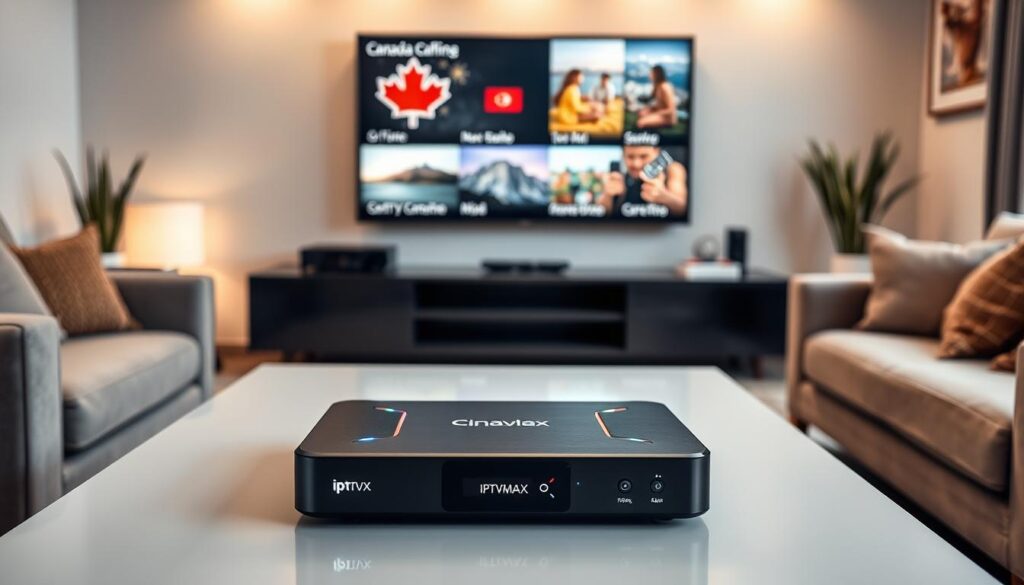 A modern living room scene featuring a sleek, stylish IPTV box prominently displayed on a coffee table. The IPTV box has a polished black finish and features vibrant LED indicators. In the background, a large flat-screen TV is mounted on the wall, showing diverse Canadian content, including scenic landscapes and cultural icons. Surrounding the IPTV box, there are cozy, contemporary furnishings, with soft lighting creating a warm and inviting atmosphere. The focus is sharp, emphasizing the IPTV box and its details, while a slight bokeh effect softens the background. The image should evoke a sense of convenience and enjoyment, catering specifically to Canadian viewers. Subtly include the brand "iptvmaxcanada.com" on the IPTV box’s surface without overpowering the primary focus of the scene. A modern living room scene featuring a sleek, stylish IPTV box prominently displayed on a coffee table. The IPTV box has a polished black finish and features vibrant LED indicators. In the background, a large flat-screen TV is mounted on the wall, showing diverse Canadian content, including scenic landscapes and cultural icons. Surrounding the IPTV box, there are cozy, contemporary furnishings, with soft lighting creating a warm and inviting atmosphere. The focus is sharp, emphasizing the IPTV box and its details, while a slight bokeh effect softens the background. The image should evoke a sense of convenience and enjoyment, catering specifically to Canadian viewers. Subtly include the brand "iptvmaxcanada.com" on the IPTV box’s surface without overpowering the primary focus of the scene.
