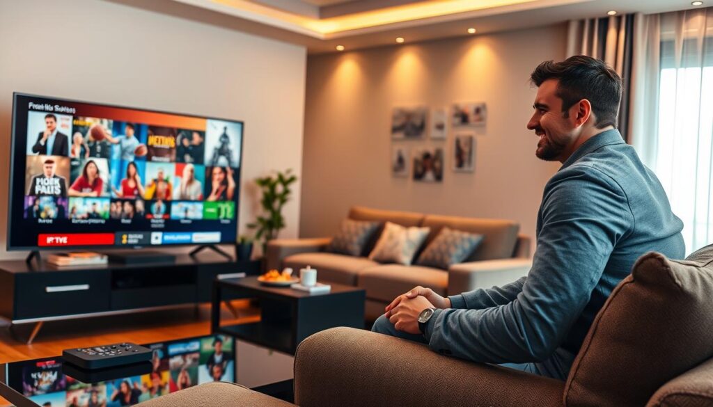 A modern living room scene showcasing IPTV Brampton streaming services in action. In the foreground, a sleek smart TV displays vibrant streaming content, depicting a diverse array of entertainment options, including movies, sports, and family shows. A stylish coffee table holds a remote control and snacks, inviting a casual, relaxed atmosphere. In the middle ground, a cozy sofa with decorative cushions hints at a family-friendly environment, and a person dressed in smart casual attire enjoys the experience, smiling as they navigate through the IPTV interface. The background features warm, ambient lighting, creating a welcoming vibe. The scene captures the essence of diverse entertainment needs catered to by iptvmaxcanada.com, with the room's decor reflecting contemporary style. Emphasize a bright, inviting atmosphere with a soft focus on the television, as if beckoning viewers to explore the streaming services offered.