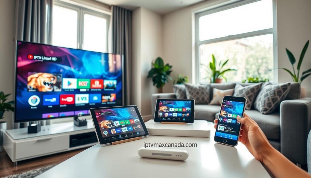 A modern living room scene showcasing various devices compatible with IPTV in Brampton, including a smart TV, tablet, and smartphone. The foreground features a sleek, ultra-HD smart TV displaying the vibrant IPTV interface. In the middle, a stylish coffee table holds a tablet and a smartphone streaming content, emphasizing accessibility. The background features a cozy sofa with decorative cushions, large windows allowing soft, natural light to fill the room, creating a warm atmosphere. The room is designed in a contemporary style, with neutral colors and accents of greenery from indoor plants. Subtle reflections on the TV screen enhance realism. The scene conveys a sense of modern technology and comfort, highlighting the versatility of watching IPTV anywhere in Brampton. Include the brand name "iptvmaxcanada.com" subtly in an item on the coffee table, harmonizing with the decor.