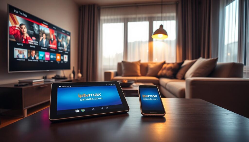 A modern living room scene showcasing various devices compatible with IPTV services in Canada. In the foreground, a sleek smart TV displays vibrant streaming content, while a tablet and smartphone rest on a stylish coffee table, both featuring the logo of "iptvmaxcanada.com". In the middle ground, a comfortable couch with throw pillows invites viewers to relax, illuminated by soft, warm lighting from a floor lamp. The background features a large window with natural sunlight pouring in, creating an inviting atmosphere. Use a wide-angle lens to capture the entire scene. The overall mood is cozy and tech-savvy, embodying the convenience of enjoying IPTV on preferred devices in a home setting. A modern living room scene showcasing various devices compatible with IPTV services in Canada. In the foreground, a sleek smart TV displays vibrant streaming content, while a tablet and smartphone rest on a stylish coffee table, both featuring the logo of "iptvmaxcanada.com". In the middle ground, a comfortable couch with throw pillows invites viewers to relax, illuminated by soft, warm lighting from a floor lamp. The background features a large window with natural sunlight pouring in, creating an inviting atmosphere. Use a wide-angle lens to capture the entire scene. The overall mood is cozy and tech-savvy, embodying the convenience of enjoying IPTV on preferred devices in a home setting.