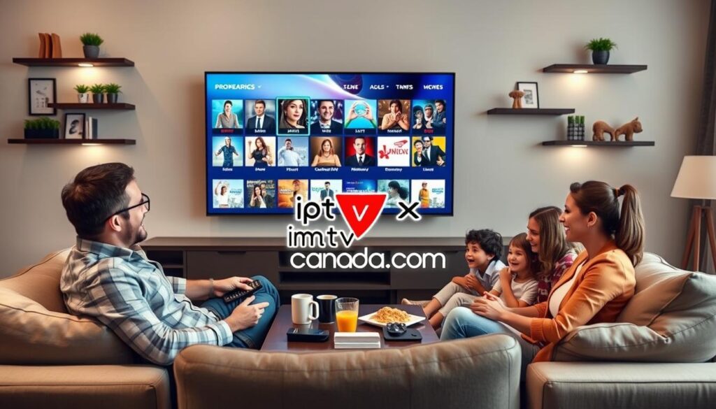 A modern living room setting featuring a sleek Smart TV displaying a vibrant IPTV streaming interface, showcasing a selection of popular channels and movies. In the foreground, a family of four sits comfortably on a stylish sofa, all dressed in professional casual attire; a father, mother, and two children engaged together with the content on screen, radiating joy and excitement. The middle ground includes a coffee table with remote controls, snacks, and drinks, adding to the cozy atmosphere. The background shows wall-mounted shelves adorned with tasteful decorations and plants, providing a warm ambiance with soft lighting. The logo "iptvmaxcanada.com" subtly incorporated into the TV screen design, highlighting the service's premium offerings. The overall mood is inviting and family-oriented, emphasizing the flexibility and value of IPTV subscription plans.