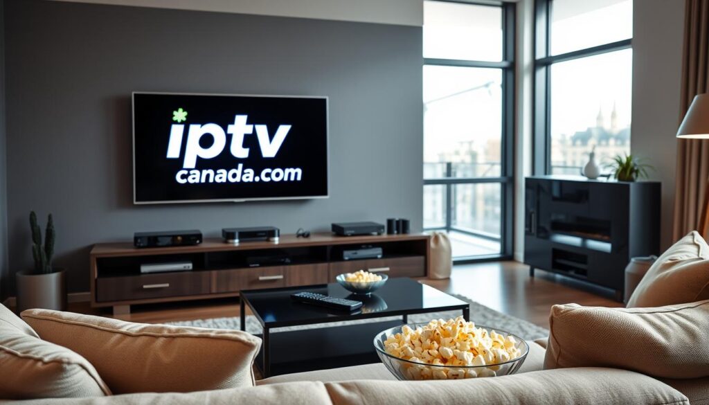 A modern living room setting featuring a sleek, high-definition television displaying the logo of "iptvmaxcanada.com" prominently on the screen. In the foreground, a comfortable couch with soft cushions invites viewers to relax, paired with a stylish coffee table adorned with a remote control and a bowl of popcorn. The middle ground showcases a well-organized entertainment unit with various media devices, emphasizing the convenience and variety of IPTV services. In the background, large windows allow natural light to flood the room, creating a warm and inviting atmosphere. The scene conveys a sense of comfort and enjoyment, highlighting the idea of modern entertainment solutions available through iptv.ca, with professional and elegant lighting to enhance the image's appeal. A modern living room setting featuring a sleek, high-definition television displaying the logo of "iptvmaxcanada.com" prominently on the screen. In the foreground, a comfortable couch with soft cushions invites viewers to relax, paired with a stylish coffee table adorned with a remote control and a bowl of popcorn. The middle ground showcases a well-organized entertainment unit with various media devices, emphasizing the convenience and variety of IPTV services. In the background, large windows allow natural light to flood the room, creating a warm and inviting atmosphere. The scene conveys a sense of comfort and enjoyment, highlighting the idea of modern entertainment solutions available through iptv.ca, with professional and elegant lighting to enhance the image's appeal.