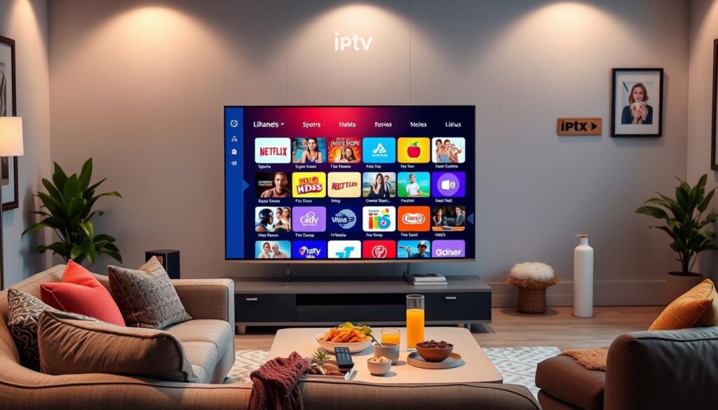 A modern living room setting featuring a sleek, large TV screen displaying a vibrant IPTV channel lineup, showcasing various categories like sports, movies, and kids' programming. In the foreground, a stylish, comfortable couch is adorned with colorful cushions, and a remote control rests on the arm. In the middle ground, a coffee table holds snacks and drinks, inviting viewers to relax while enjoying content. The background features tasteful decor elements like framed art and plants, enhancing the ambiance. Soft, warm lighting creates a cozy atmosphere, evoking a sense of home entertainment. The scene emphasizes a family-oriented vibe, suitable for all ages. Include the brand name "iptvmaxcanada.com" subtly integrated into the decor, ensuring no text is visible on the screen.