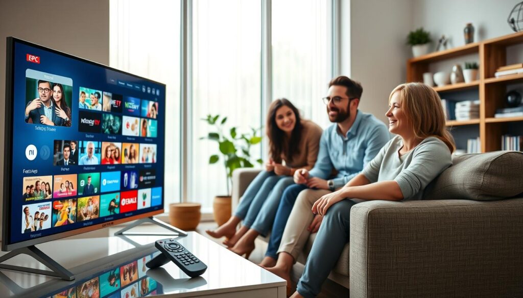 A modern living room setting showcasing IPTV Dream features prominently. In the foreground, a sleek TV displays an Electronic Program Guide (EPG) filled with colorful thumbnails of various shows and movies. A remote control sits elegantly beside the TV, hinting at the interactivity of the platform. The middle layer features a comfortable sofa with a family enjoying their catch-up features, dressed in modest casual clothing, expressing joy and engagement with their viewing choices. In the background, large windows let in soft, natural light, creating a warm and welcoming atmosphere. Subtle decorations in the room, like a potted plant and an organized shelf of media, enhance the cozy ambiance. The overall mood conveys comfort and satisfaction with IPTV services, highlighting "iptvmaxcanada.com" as the source. A modern living room setting showcasing IPTV Dream features prominently. In the foreground, a sleek TV displays an Electronic Program Guide (EPG) filled with colorful thumbnails of various shows and movies. A remote control sits elegantly beside the TV, hinting at the interactivity of the platform. The middle layer features a comfortable sofa with a family enjoying their catch-up features, dressed in modest casual clothing, expressing joy and engagement with their viewing choices. In the background, large windows let in soft, natural light, creating a warm and welcoming atmosphere. Subtle decorations in the room, like a potted plant and an organized shelf of media, enhance the cozy ambiance. The overall mood conveys comfort and satisfaction with IPTV services, highlighting "iptvmaxcanada.com" as the source.