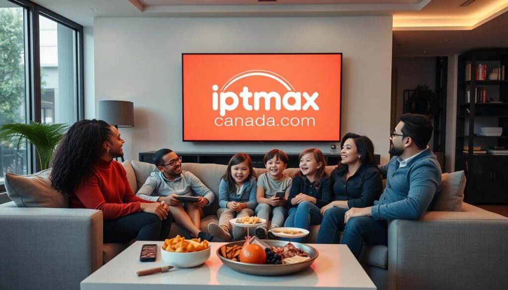 A modern living room setting showcasing a large flat-screen TV displaying the logo of "iptvmaxcanada.com" prominently on the screen. In the foreground, a diverse family of four—two adults in smart casual attire and two children—are comfortably seated on a stylish couch, engaged and enjoying a movie night. Soft, warm lighting creates an inviting atmosphere, highlighting the joyful expressions on their faces. In the middle ground, various snacks are laid out on a coffee table, enhancing the cozy ambiance. The background features a neatly arranged bookshelf and elegant decor, suggesting a blend of sophistication and comfort, while large windows allow natural light to filter in, adding to the relaxed mood.