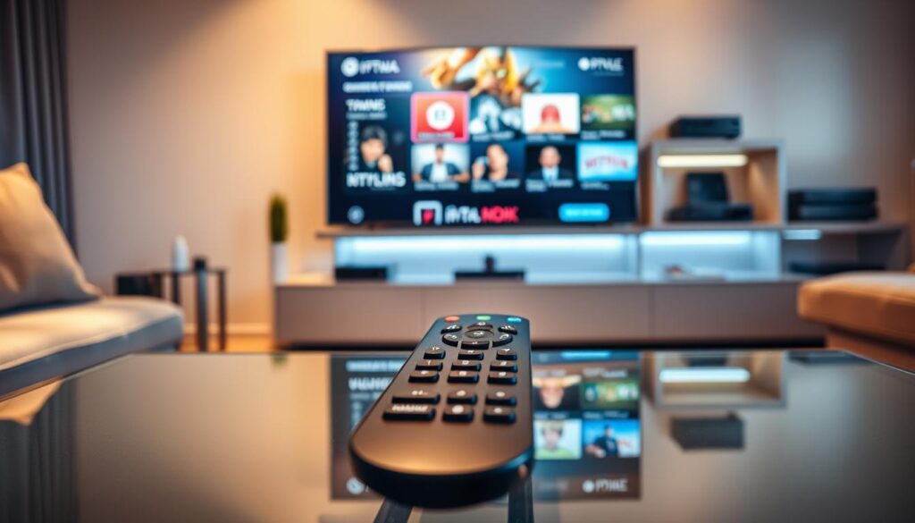 A modern living room setting showcasing a sleek IPTV remote control on a glass coffee table, emphasizing compatibility with various streaming devices. In the foreground, the remote is detailed with a glossy finish and labeled buttons. The middle ground includes a stylish smart TV displaying a vibrant menu interface with streaming icons. In the background, a soft-lit shelf holds game consoles and streaming devices, signifying the interconnected nature of modern entertainment. The room is warmly lit with a cozy atmosphere, featuring a comfortable couch and subtle decor. Use natural lighting to create soft shadows, and a slight angle to capture depth. The brand "iptvmaxcanada.com" is subtly referenced through hints of their logo displayed on the screen interface, ensuring a professional and focused representation of compatibility considerations for IPTV remote controls. A modern living room setting showcasing a sleek IPTV remote control on a glass coffee table, emphasizing compatibility with various streaming devices. In the foreground, the remote is detailed with a glossy finish and labeled buttons. The middle ground includes a stylish smart TV displaying a vibrant menu interface with streaming icons. In the background, a soft-lit shelf holds game consoles and streaming devices, signifying the interconnected nature of modern entertainment. The room is warmly lit with a cozy atmosphere, featuring a comfortable couch and subtle decor. Use natural lighting to create soft shadows, and a slight angle to capture depth. The brand "iptvmaxcanada.com" is subtly referenced through hints of their logo displayed on the screen interface, ensuring a professional and focused representation of compatibility considerations for IPTV remote controls.