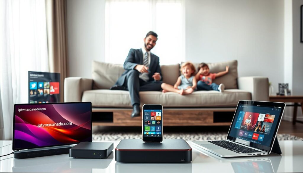 A modern living room setting showcasing a variety of digital devices seamlessly integrated for IPTV watching. In the foreground, a sleek smart TV displaying the interface of *iptvmaxcanada.com* on the screen, surrounded by a set-top box, a laptop, and a tablet. The middle layer features a smartphone showing an easy-to-navigate app with vibrant colors. In the background, a cozy couch with a person in professional business attire, happily using a remote control while two children play nearby, representing family-friendly content accessibility. Soft, natural light filters through a window, creating a warm and inviting atmosphere. Use a wide-angle lens to capture the entire scene, emphasizing the simplicity and compatibility of devices.