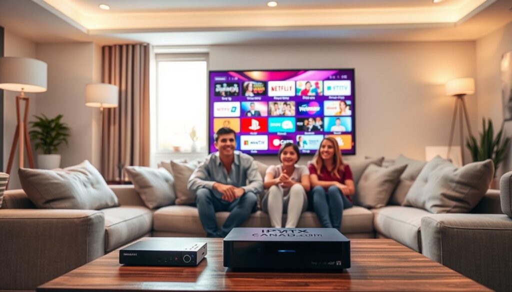 A modern living room setting with a cozy sofa facing a large flat-screen TV displaying a vibrant IPTV channel selection, symbolizing "IPTV Brampton Streaming Services." In the foreground, a stylish coffee table holds a streaming device and a remote, emphasizing technology. The middle ground features a family of four, dressed in smart-casual attire, happily watching the content together, showcasing a warm and inviting atmosphere. The background contains soft ambient lighting from floor lamps, with a window revealing a sunny day outside, creating a sense of comfort and relaxation. The overall mood is friendly and inviting, highlighting connectivity and entertainment. Subtly incorporate the brand name "iptvmaxcanada.com" on a digital device screen in the scene, ensuring no text overlays are present.